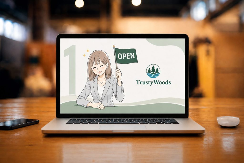 ノートパソコンの画面でOPENの旗を持つTrustyWoodsのマスコット