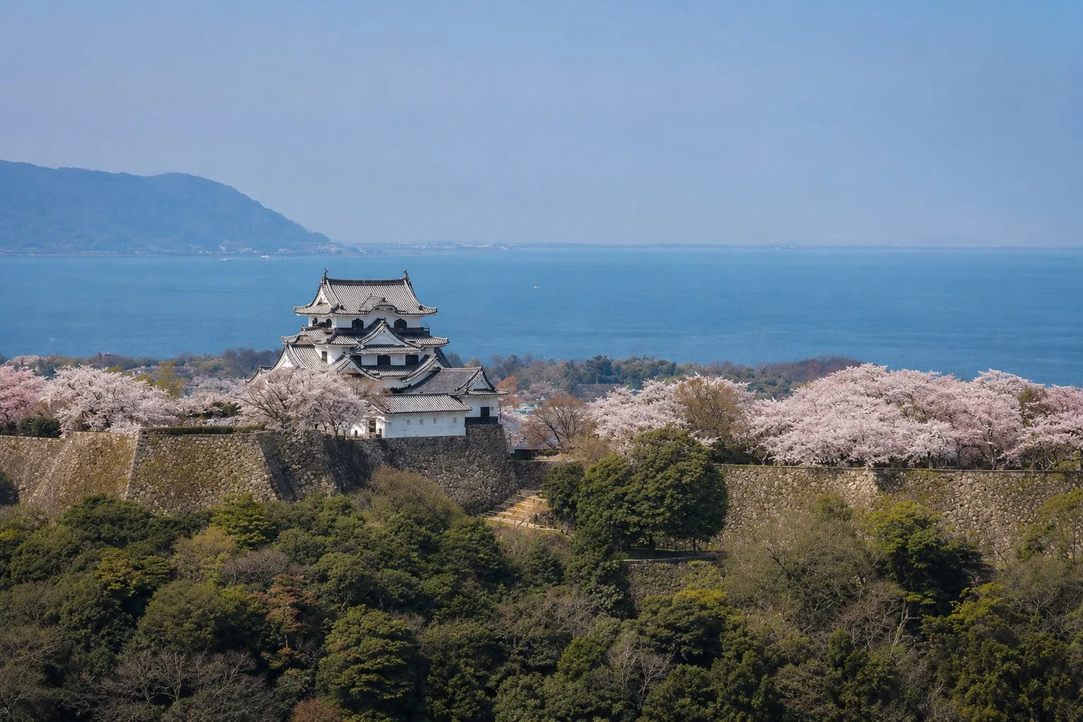 彦根城と桜と琵琶湖の風景