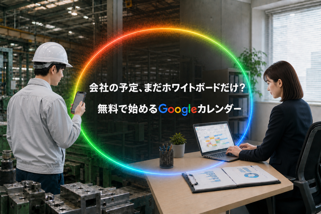 現場ではスマートフォン、事務所ではパソコンから共有カレンダーを確認する担当者